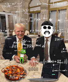 two men are sitting at a table with mathematical equations behind them and one of them is holding a green frog that says good