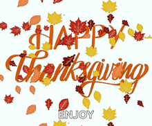 a happy thanksgiving greeting card with leaves and the words enjoy