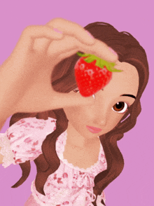 a cartoon girl holding a strawberry in her hand