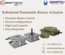 robohand pneumatic rotary actuator precision motion control diverse configurations high load capacity easy integration sales @ seimitsu.in www.seimitsu.in