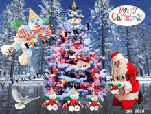 a merry christmas card with santa and snowmen