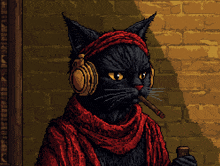 a pixel art drawing of a cat wearing headphones and smoking a cigar