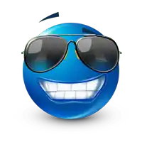 a blue smiley face wearing sunglasses and smiling