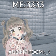 a girl is giving a peace sign in a room with a bed and a wall .