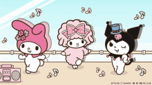 three cartoon characters are dancing in front of a radio that says sanrio