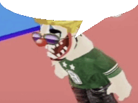 a clown wearing sunglasses and a green shirt has a speech bubble over his head