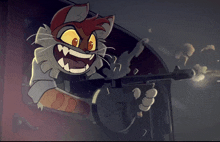 a cartoon cat is holding a gun with smoke coming out of it 's mouth