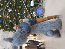 a man hugging a stuffed animal in front of a christmas tree with a sign that says " christmas decorations "