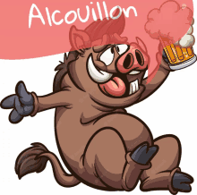 a cartoon boar is holding a glass of beer and a sign that says alcohol