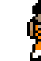 a pixel art drawing of a man in a black and orange suit .