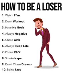 a cartoon of a man in a suit with the words how to be a loser