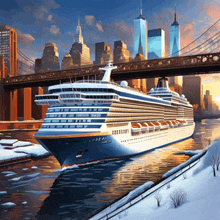 a large cruise ship is going under a bridge in the city