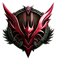 a red and black emblem with a knight 's head and wings