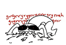 a black and white drawing of a spider with red eyes and the words " grgrrs " written on the bottom