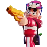 a cartoon character holding a yellow gun with a pink hat on his head