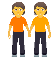 a cartoon of two men holding hands and one is wearing an orange shirt