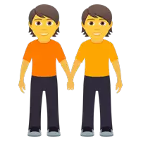 a cartoon of two men holding hands and one is wearing an orange shirt