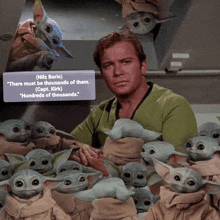 a man is surrounded by a bunch of baby yoda dolls and a quote from nilz baris