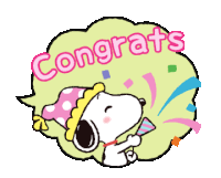 a cartoon of snoopy wearing a party hat with the words congrats above him