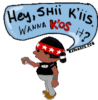 a cartoon of a man with a headband that says hey shii kiis wanna kos it 's