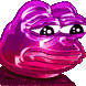 a pixel art drawing of a purple frog with a sad face .