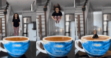 a woman is jumping into a blue cup of coffee .