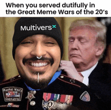 a man wearing a hat that says " multivers " on it