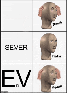 a meme of a man 's head with the words sever kalm and ev on the bottom