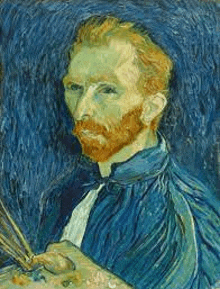 a painting of vincent van gogh holding a palette and a brush in his hand .