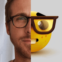 half of a man 's face with glasses and half of an emoji with glasses