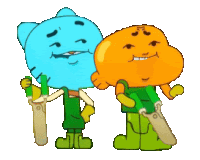 gumball and darwin from the amazing world of gumball standing next to each other