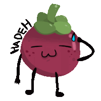 a cartoon drawing of a purple fruit with arms and legs and the words hadeh written around it