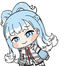 a cute chibi girl with blue hair and white hair is holding a gun .