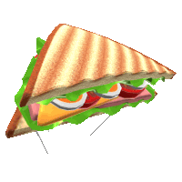 a sandwich with ham cheese lettuce and tomatoes is flying through the air