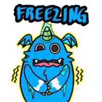 a cartoon of a blue monster with the word freezing on it