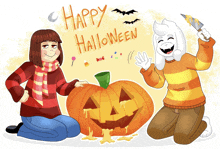 a drawing of a girl and a goat kneeling next to a pumpkin that says " happy halloween "