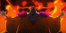 a man in a purple and orange kimono is surrounded by fire