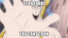 a cartoon character with the words stop it bro you cant cook below him