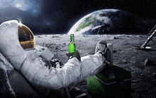 an astronaut is sitting on the moon holding a green bottle