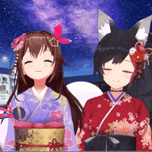 two anime girls wearing kimonos are standing next to each other with their eyes closed