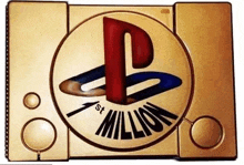 a gold playstation 1 with a red p logo on it .