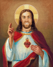 a painting of jesus with a beard and a cross on his chest