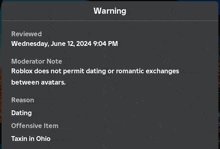 a warning that roblox does not allow dating or romantic exchanges between avatars