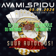 a poster for avami spidu shows a roulette wheel and cards