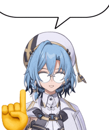 a girl with blue hair and glasses is pointing up with her finger