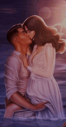 a man and a woman are kissing in the water .