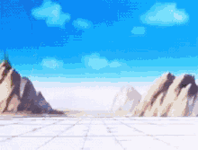 a cartoon landscape with mountains and a blue sky with clouds