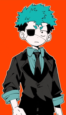 a drawing of a boy with green hair wearing a black suit