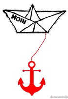 a black and white drawing of a paper boat with the word moin on it