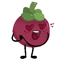 a cartoon drawing of a mangosteen with hearts in his eyes